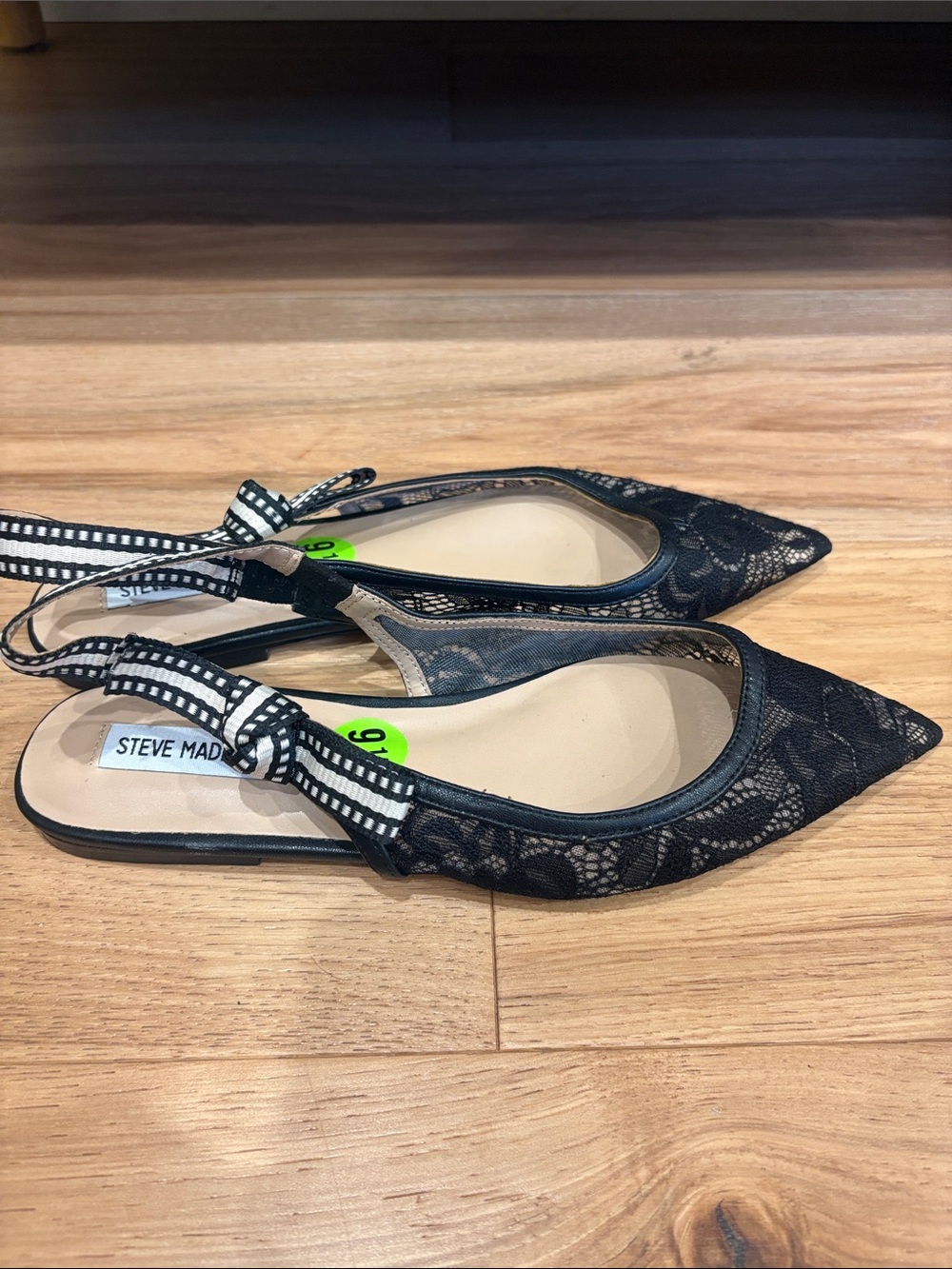Steve Madden Black Lace Pointed Slingback Flats with Ribbon Tie